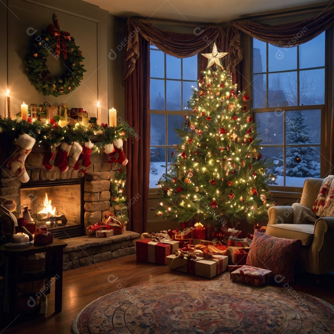 Linda sala de estar moderna e comfortável com decorações natalina