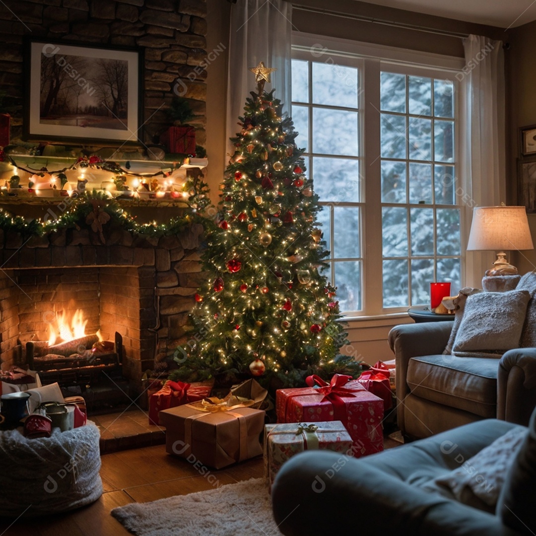 Linda sala de estar moderna e comfortável com decorações natalina