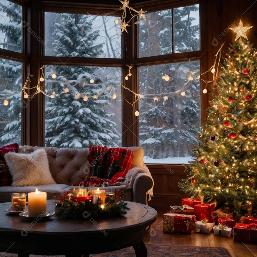 Linda sala de estar moderna e comfortável com decorações natalina