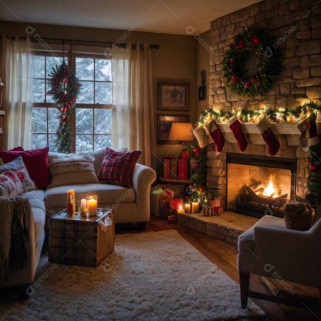 Linda sala de estar moderna e comfortável com decorações natalina