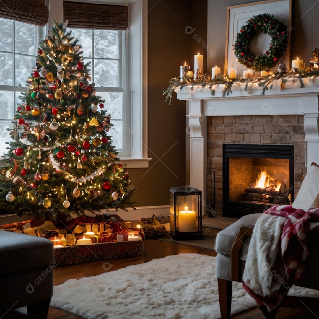 Linda sala de estar moderna e comfortável com decorações natalina