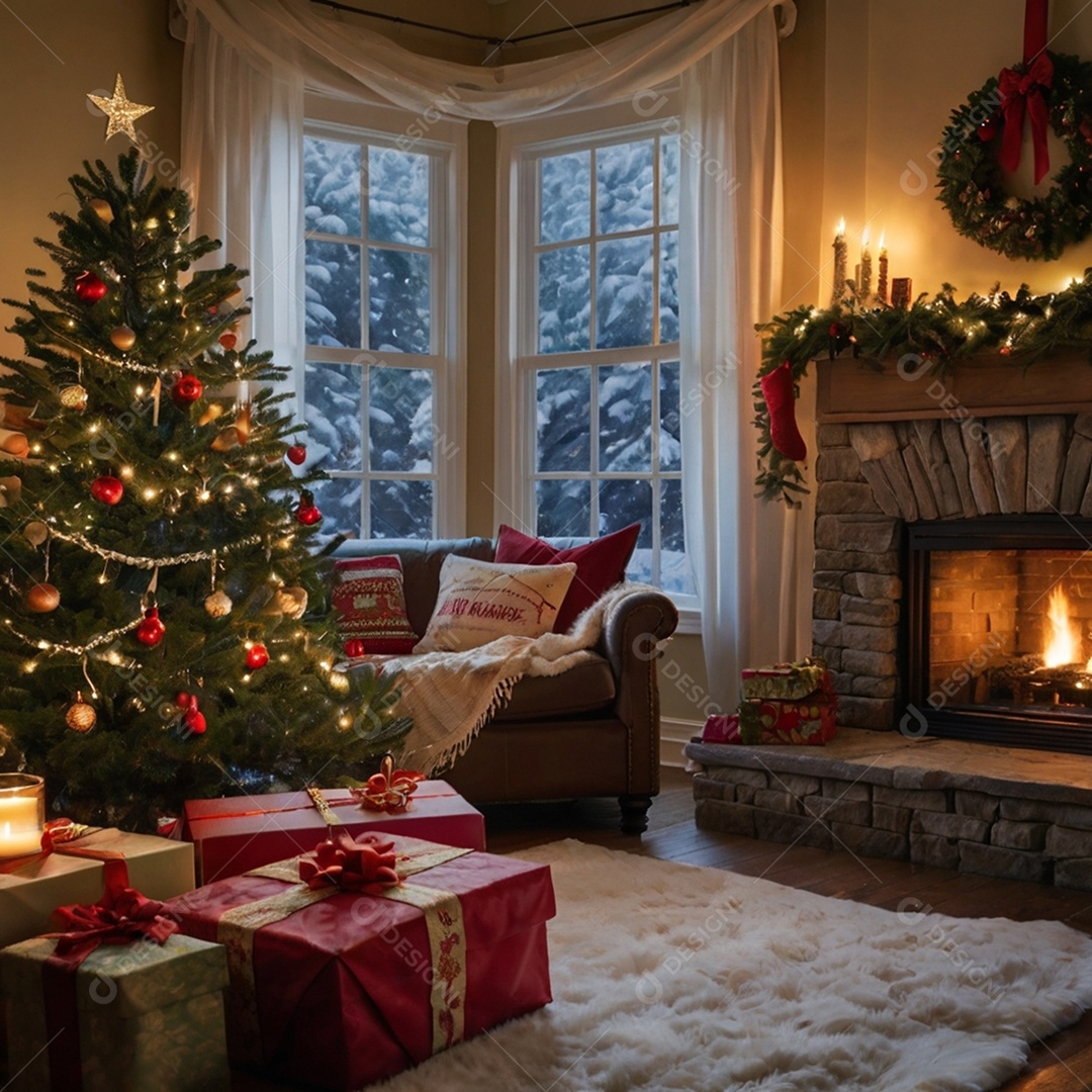 Linda sala de estar moderna e comfortável com decorações natalina