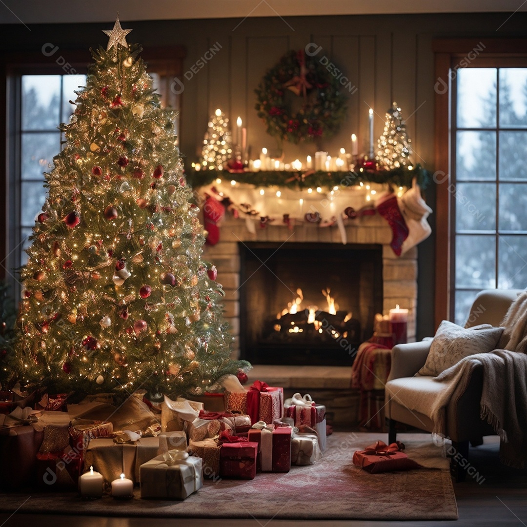 Linda sala de estar moderna e comfortável com decorações natalina