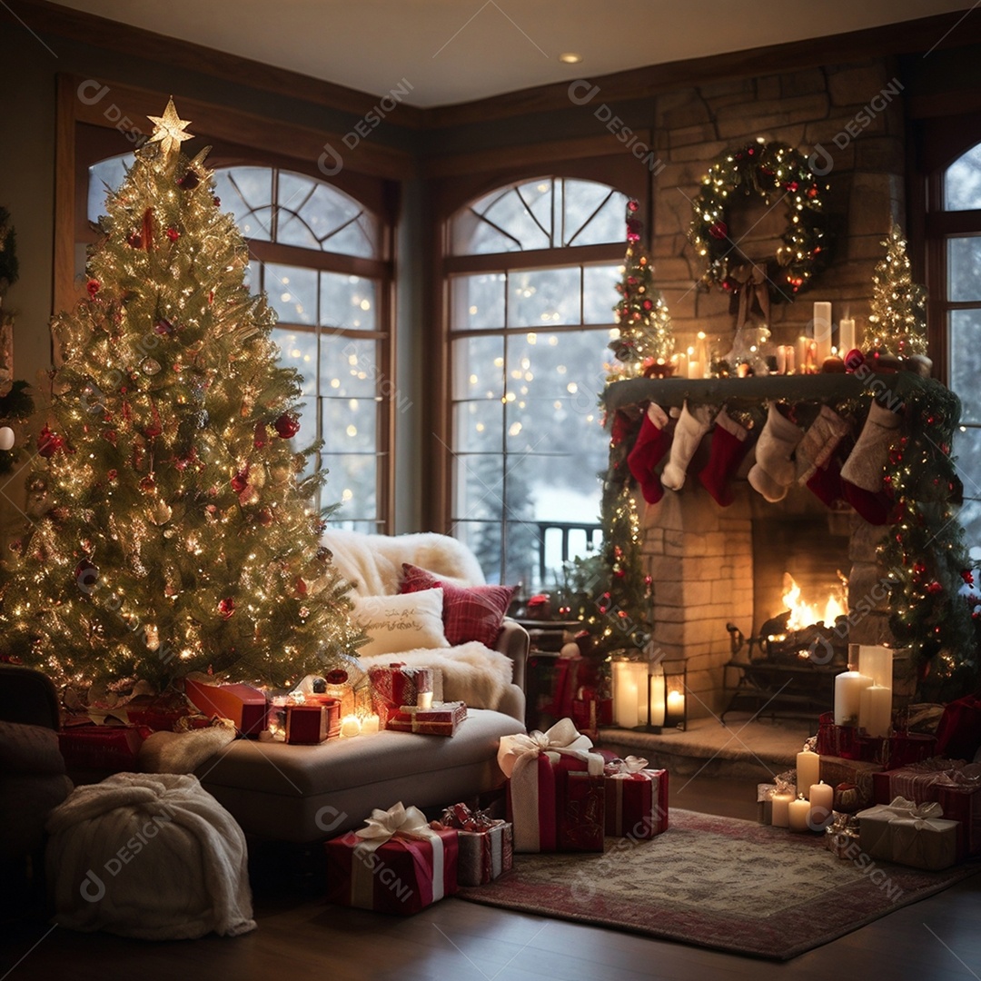 Linda sala de estar moderna e comfortável com decorações natalina