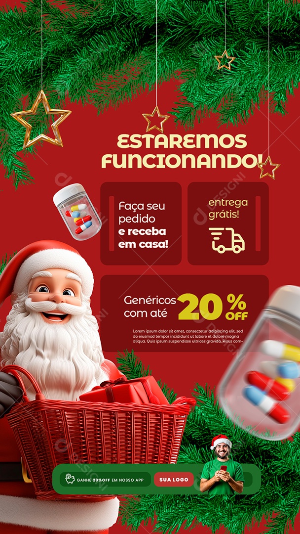 Story Farmácia Natal Estaremos Funcionando Social Media PSD Editável