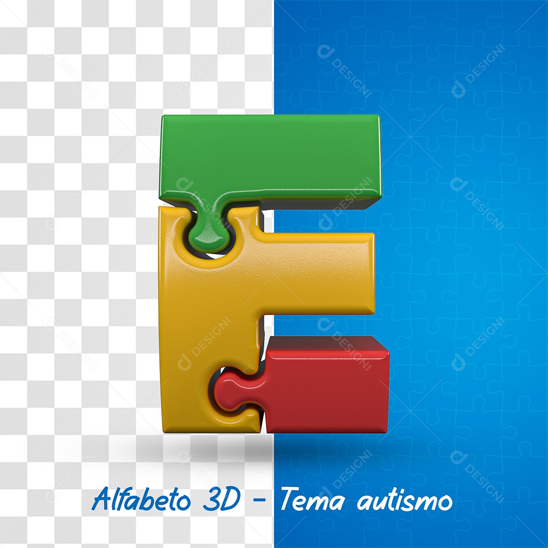 Elemento 3D Letra E Alfabeto com Tema de Autismo Para Composição PSD