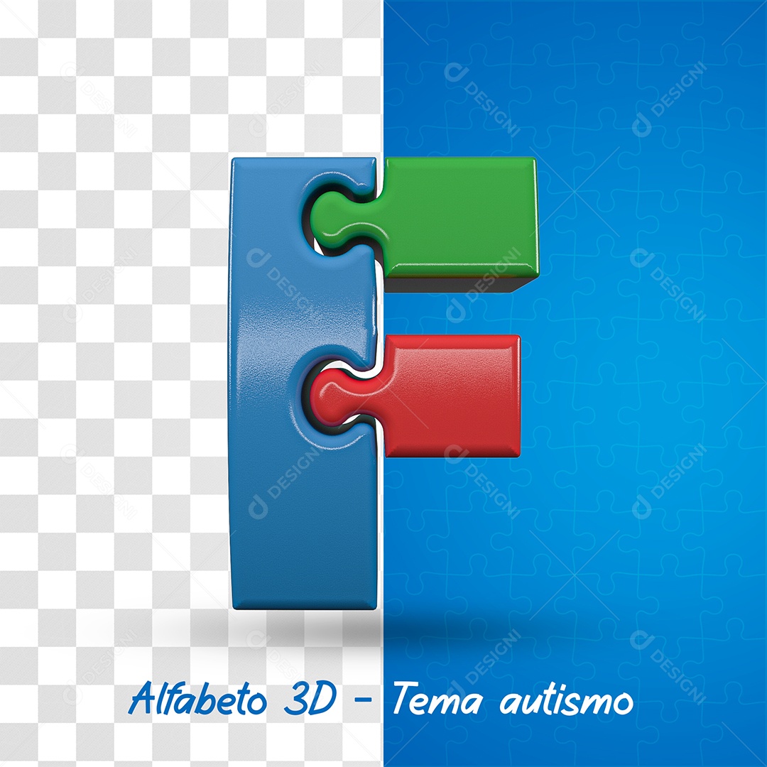 Elemento 3D Letra F Alfabeto com Tema de Autismo Para Composição PSD