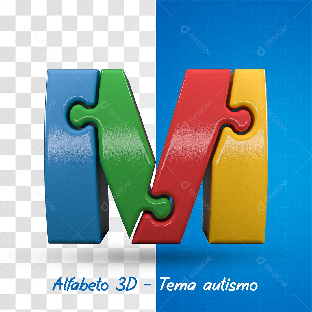 Elemento 3D Letra M Alfabeto com Tema de Autismo Para Composição PSD