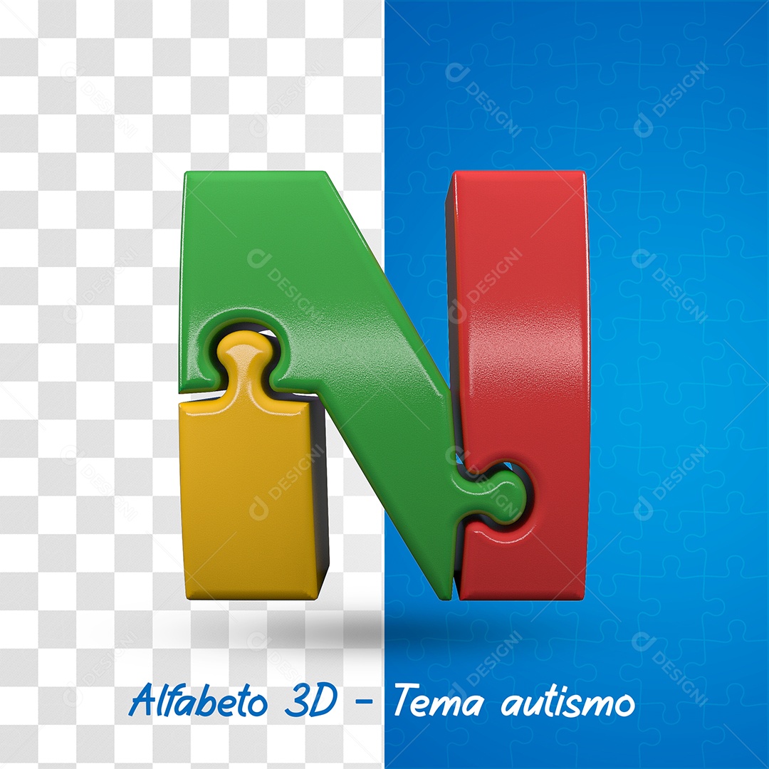 Elemento 3D Letra N Alfabeto com Tema de Autismo Para Composição PSD