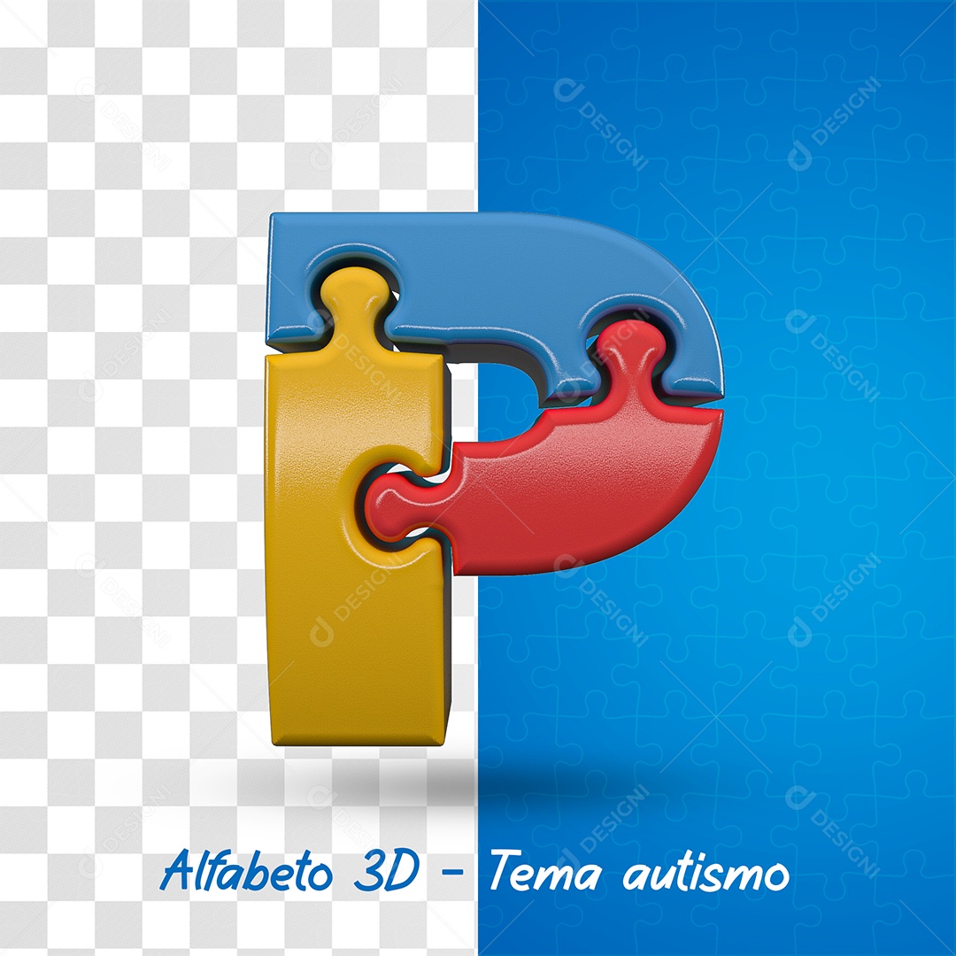 Elemento 3D Letra P Alfabeto com Tema de Autismo Para Composição PSD