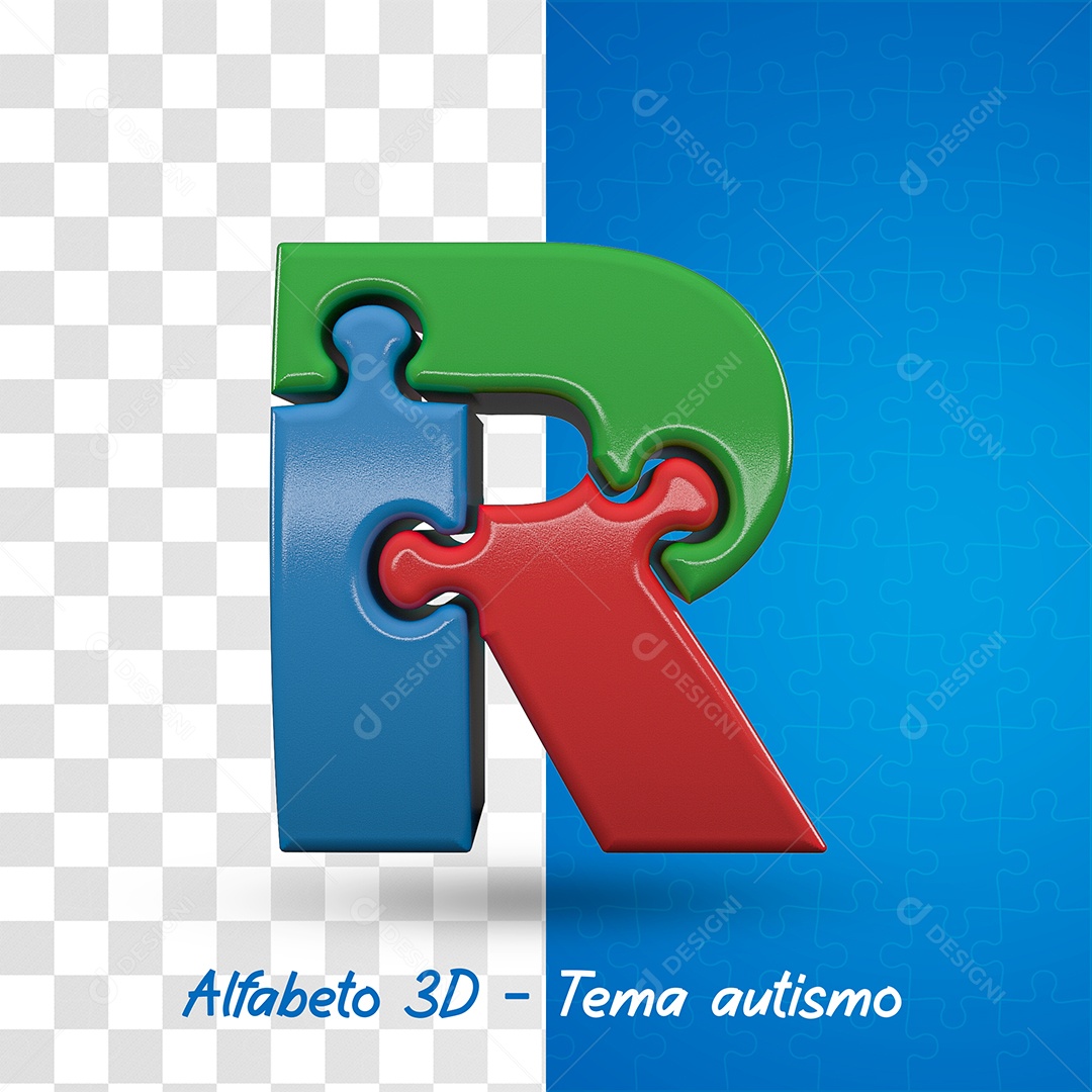 Elemento 3D Letra R Alfabeto com Tema de Autismo Para Composição PSD