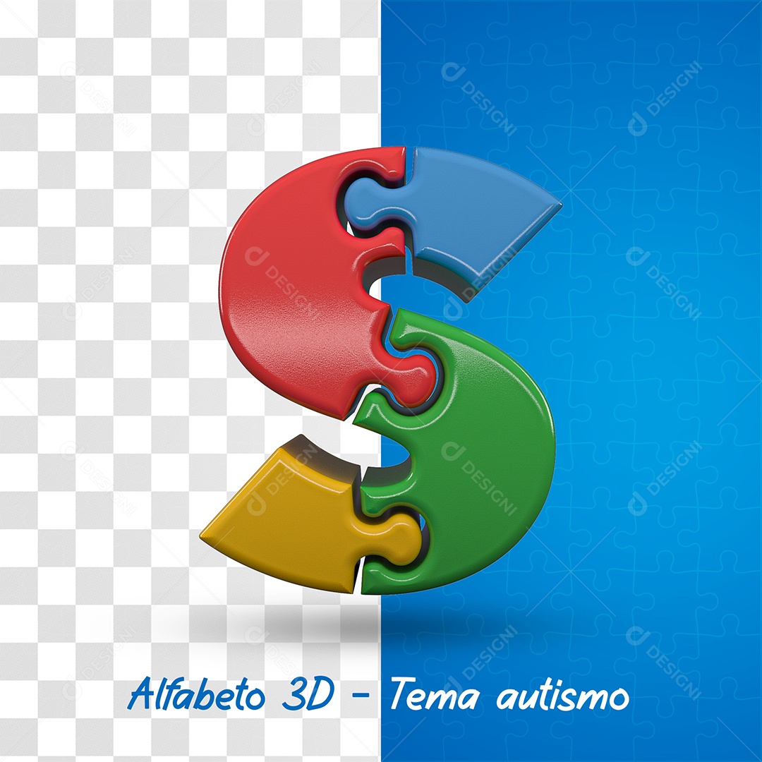 Elemento 3D Letra S Alfabeto com Tema de Autismo Para Composição PSD