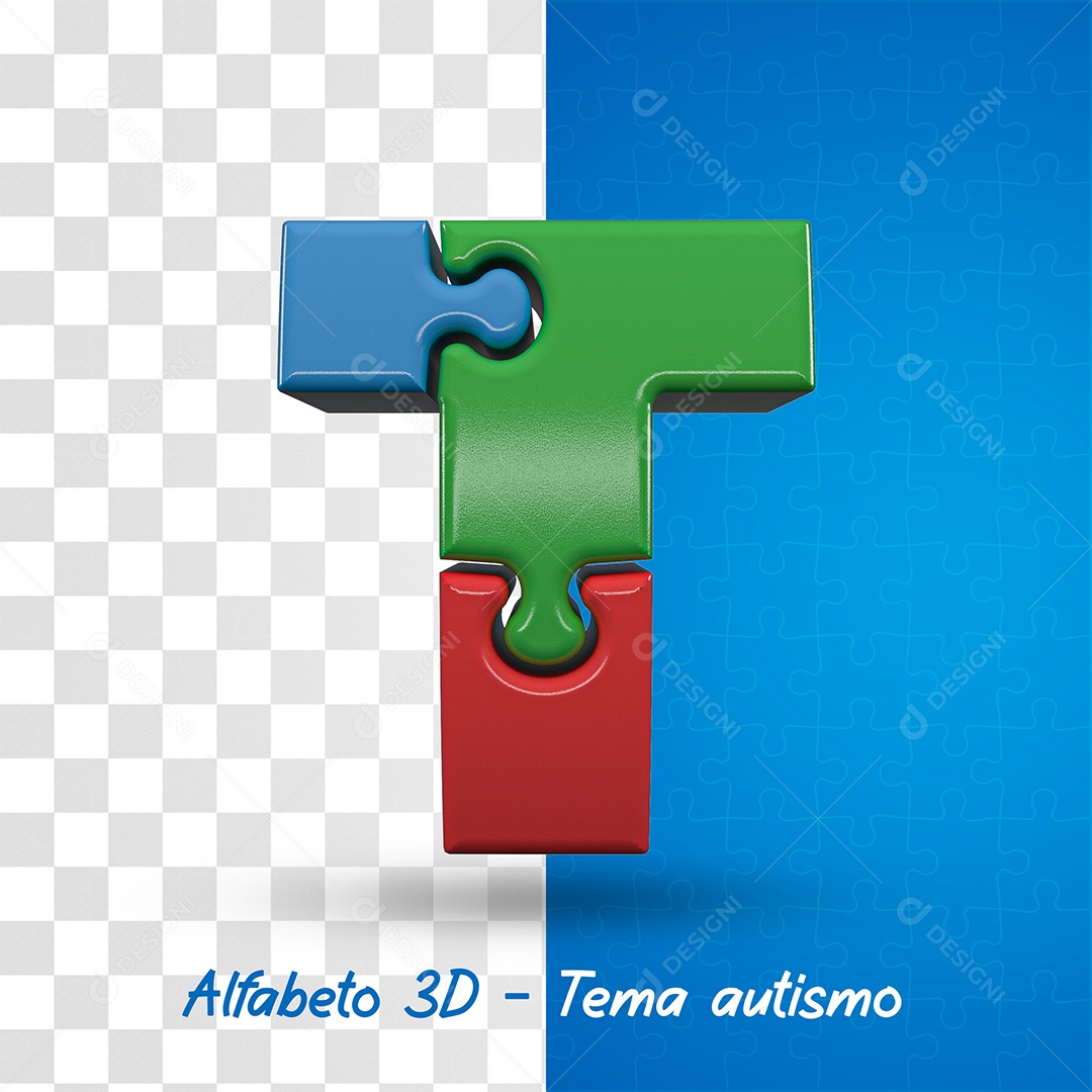 Elemento 3D Letra T Alfabeto com Tema de Autismo Para Composição PSD