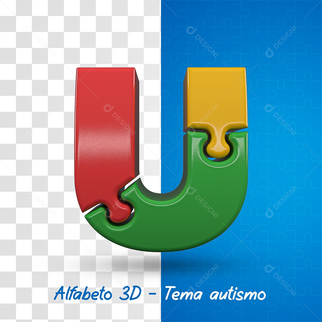 Elemento 3D Letra U Alfabeto com Tema de Autismo Para Composição PSD