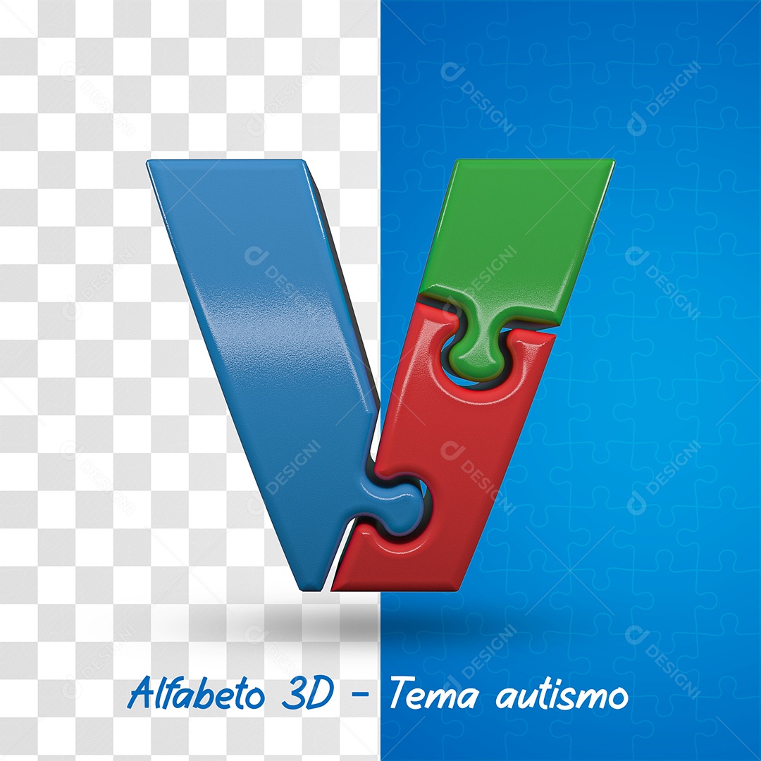 Elemento 3D Letra V Alfabeto com Tema de Autismo Para Composição PSD