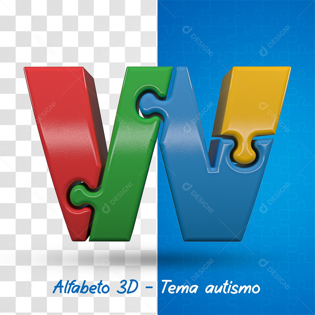 Elemento 3D Letra W Alfabeto com Tema de Autismo Para Composição PSD