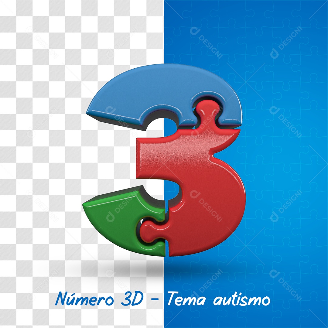 Número 3 com Tema de Autismo Elemento 3D Para Composição PSD