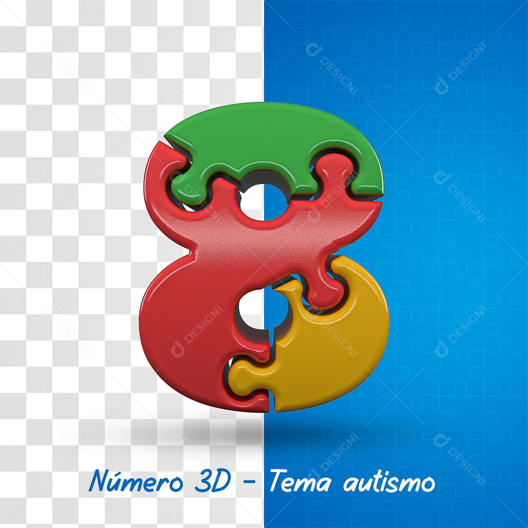 Número 8 com Tema de Autismo Elemento 3D Para Composição PSD