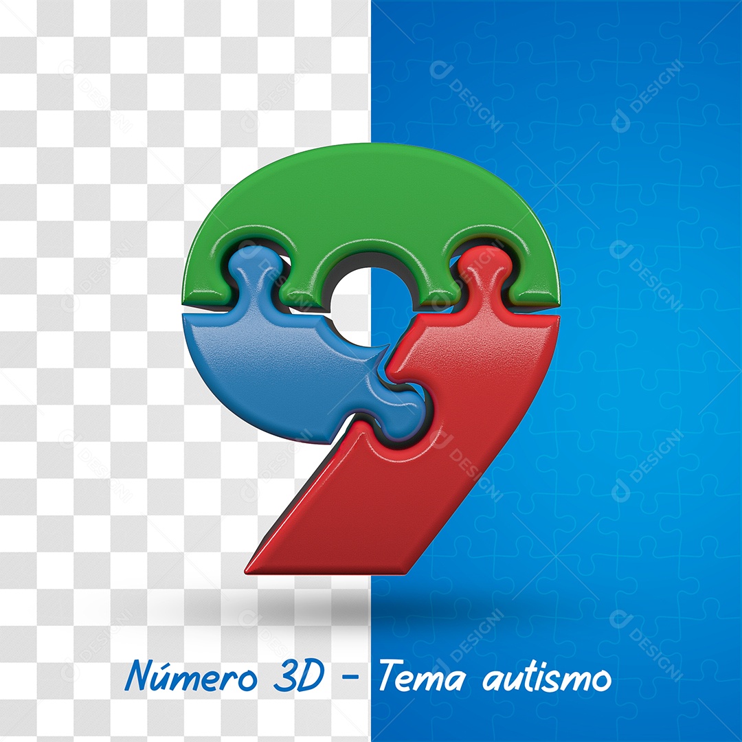 Número 9 com Tema de Autismo Elemento 3D Para Composição PSD