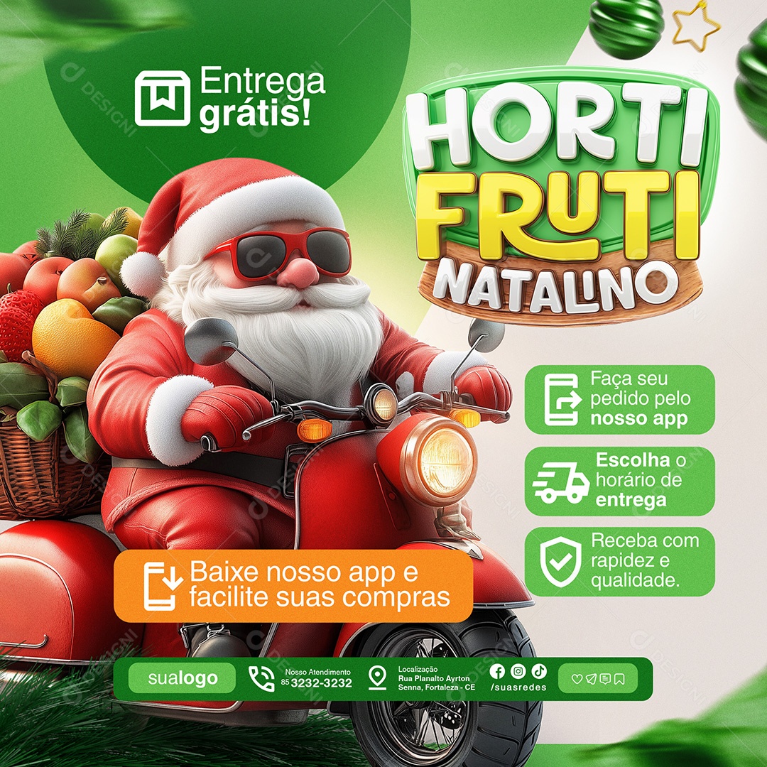 Hortifruti Natalino Entrega Grátis Social Media PSD Editável