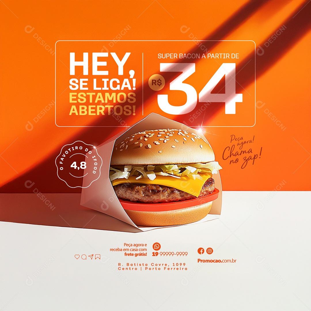 Hamburgueria Estamos Abertos Social Media PSD Editável