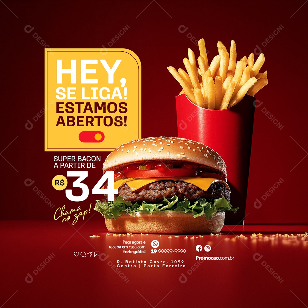 Hamburgueria Hey Se Liga Estamos Abertos Social Media PSD Editável