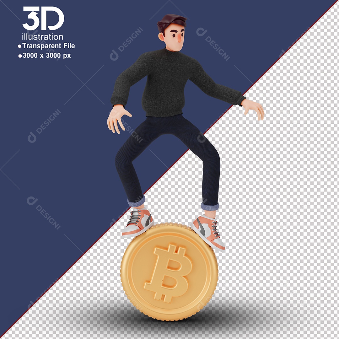 Personagem Encima de Uma Moeda de Biticoin Elemento 3D Composição PSD