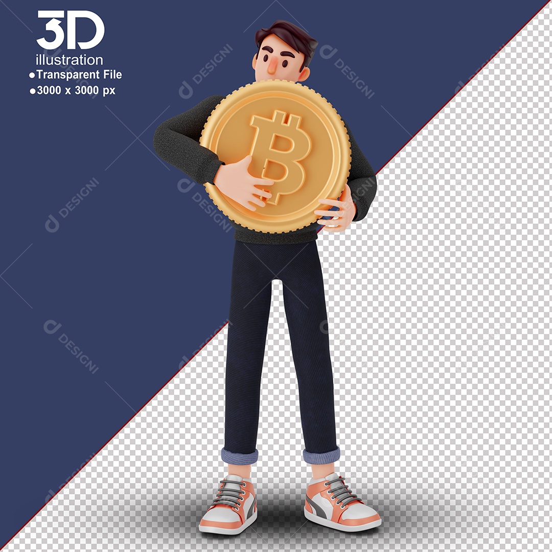 Personagem Segurando Moeda de Bitcoin Elemento 3D Composição PSD