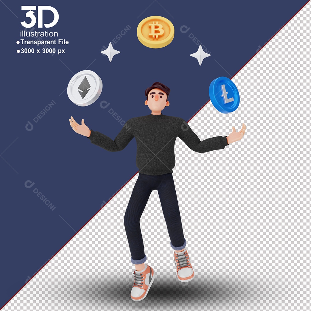 Personagem Sorridente com Moeda de Biticoin Encima Elemento 3D Composição PSD