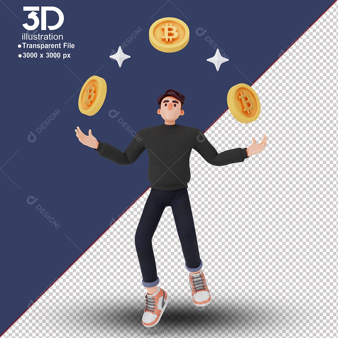 Personagem com Moeda de Bitcoin Encima Elemento 3D Composição PSD
