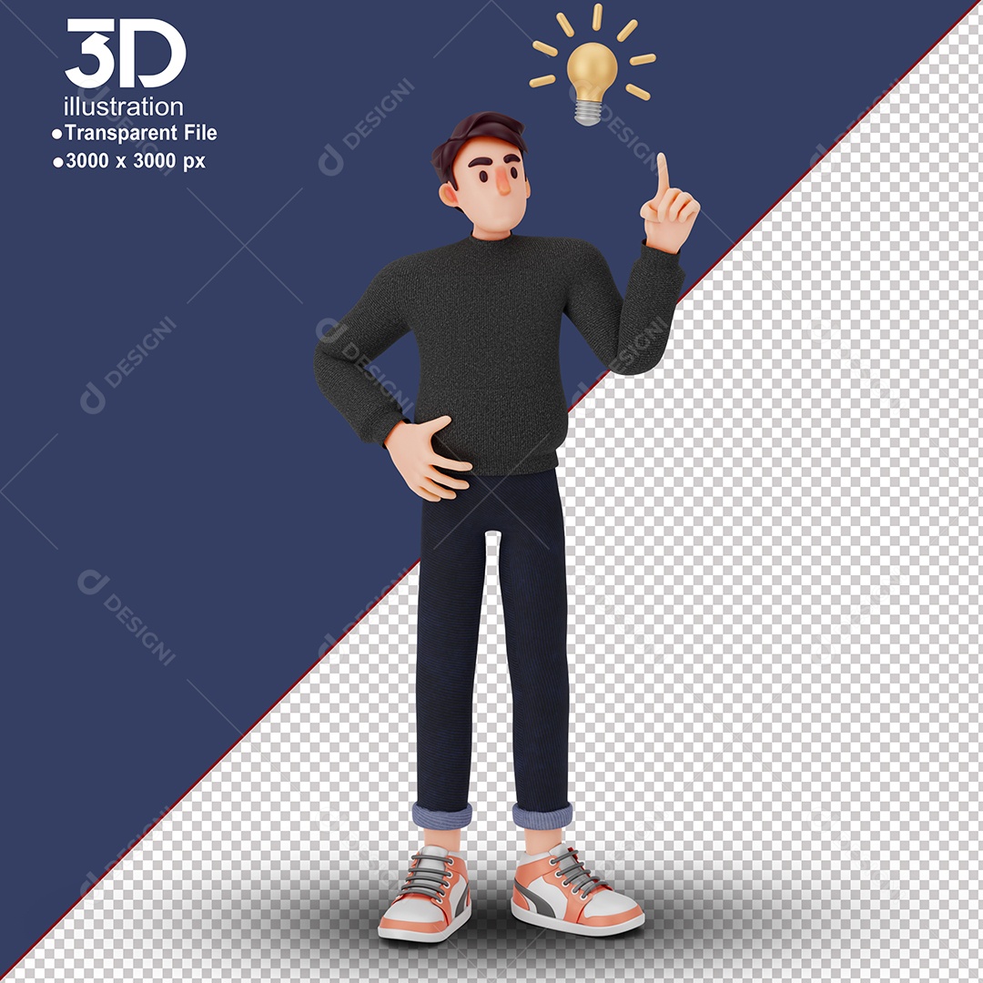 Personagem Apontando Para Uma Lâmpada Elemento 3D para Composição PSD