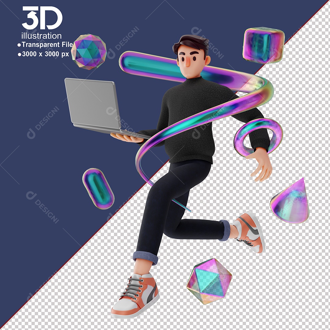 Personagem Segurando Notebook Elemento 3D para Composição PSD