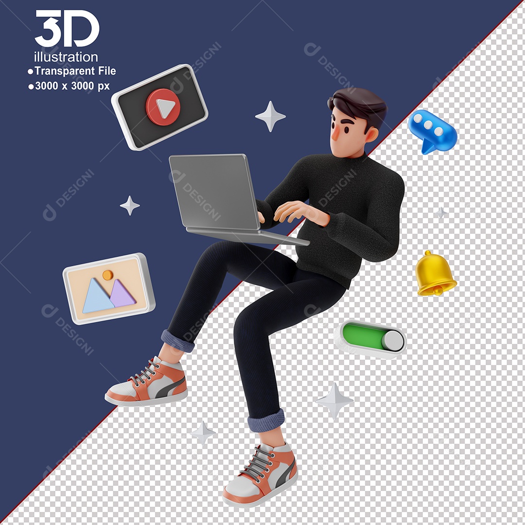 Personagem Mexendo em Notebook Elemento 3D para Composição PSD