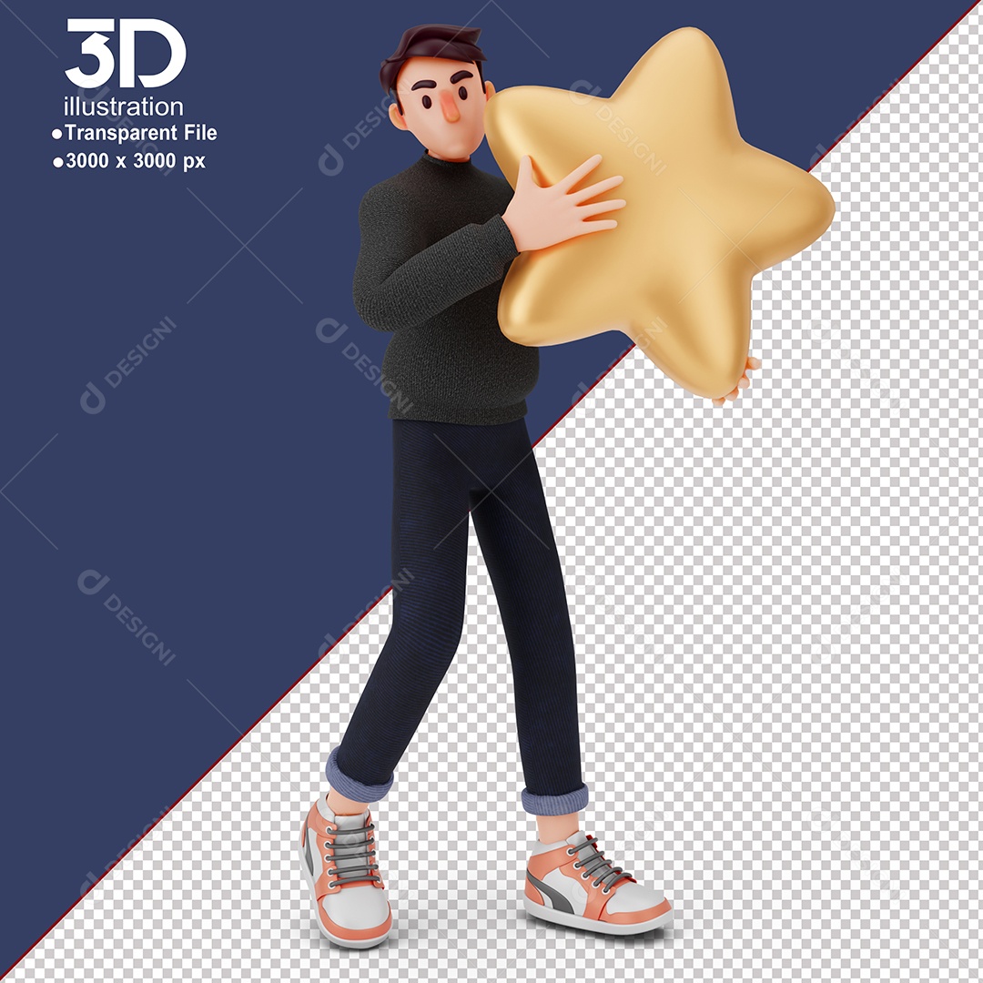 Personagem Segurando Estrela Elemento 3D para Composição PSD