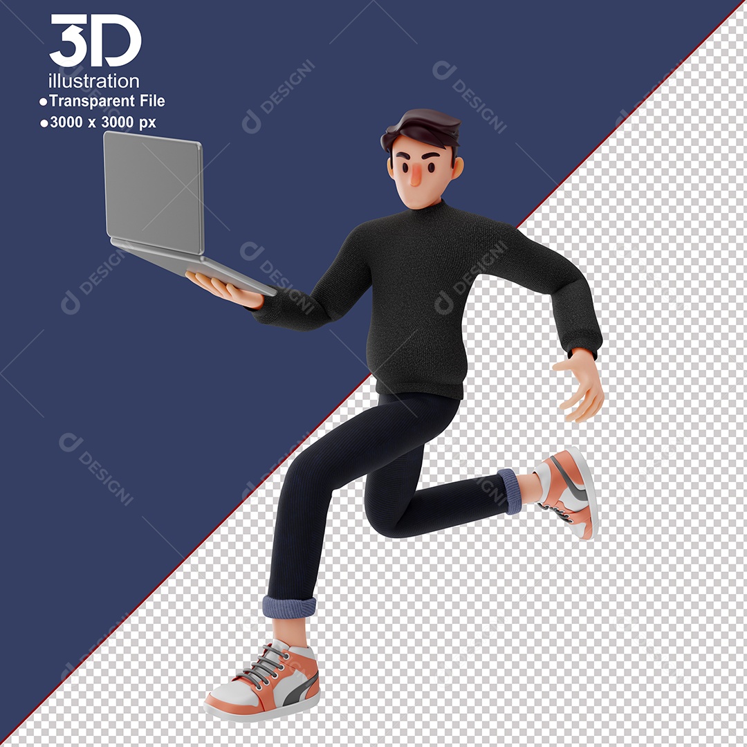 Personagem Correndo com Notebook Elemento 3D para Composição PSD