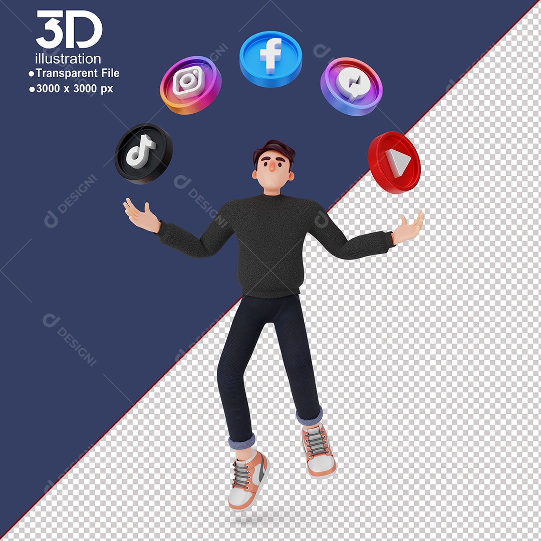 Personagem Com Elementos de Redes Sociais Sobre a Cabeça Elemento 3D para Composição PSD