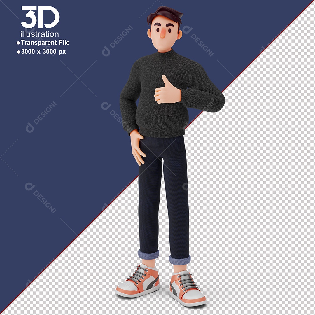 Personagem Fazendo Sinal de Positivo Elemento 3D para Composição PSD