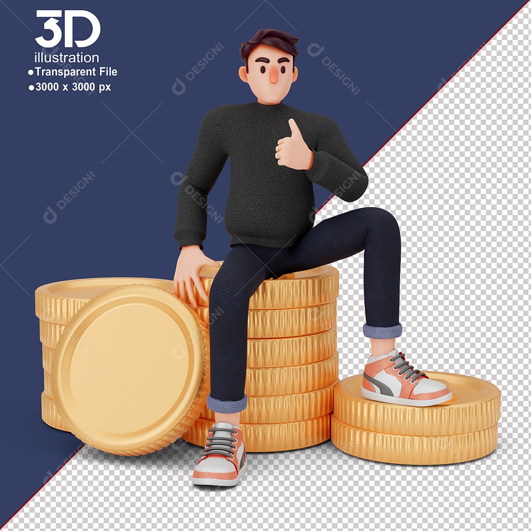 Personagem Sentado Sobre Moedas Elemento 3D para Composição PSD