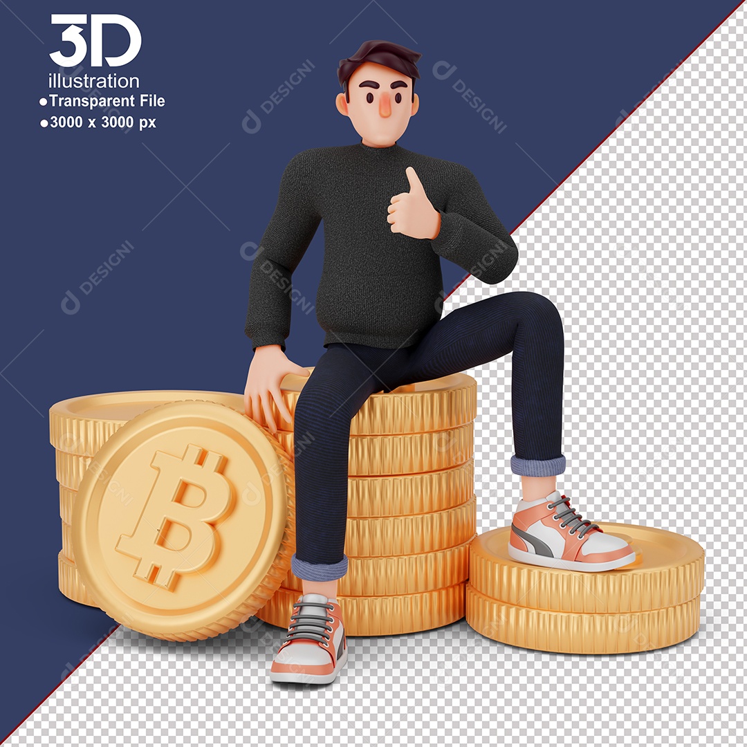 Personagem Encima Sentado Sobre Moedas de Bitcoin Elemento 3D para Composição PSD