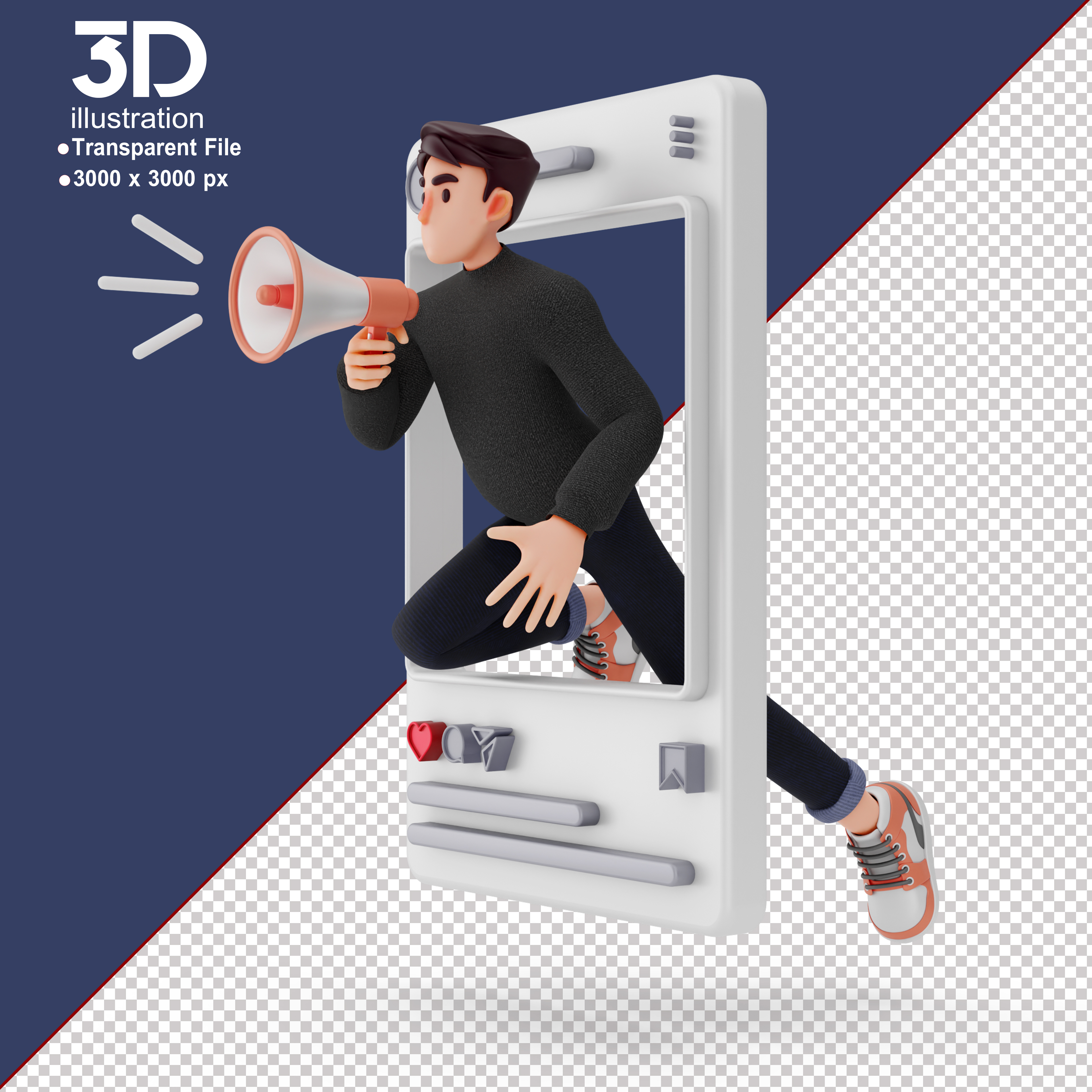 Personagem em Uma Tela de Celular Fazendo Comunicado Elemento 3D para Composição PSD