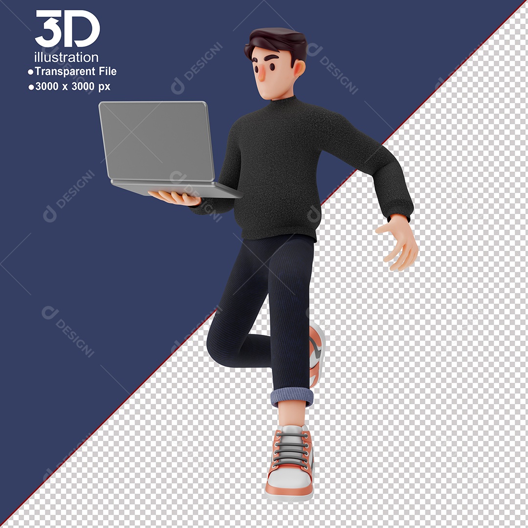Personagem Segurando Notebook Elemento 3D para Composição PSD