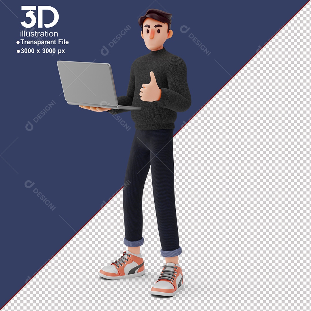 Personagem Segurando Notebook Elemento 3D para Composição PSD