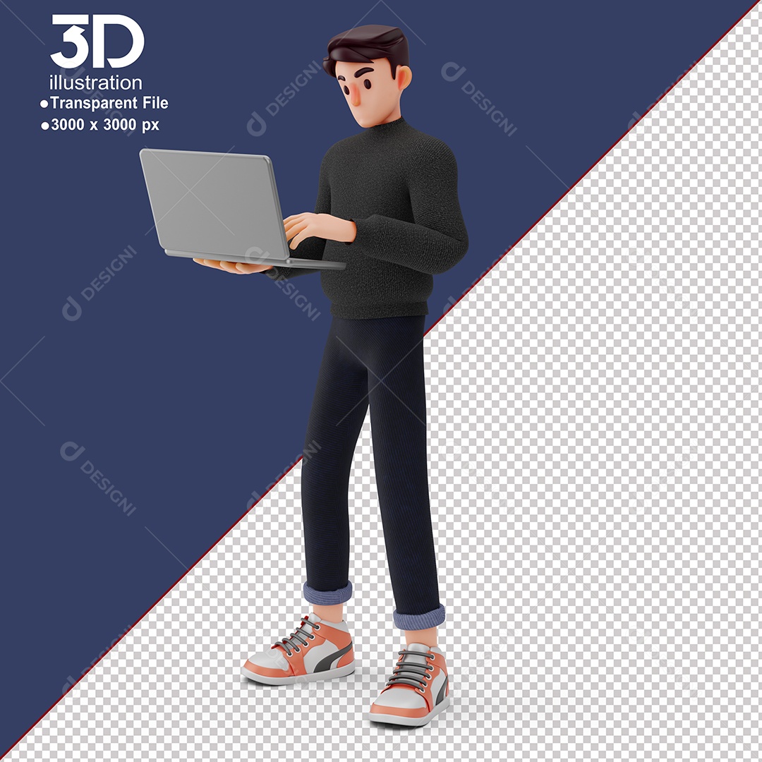 Personagem Mexendo em Notebook Elemento 3D para Composição PSD