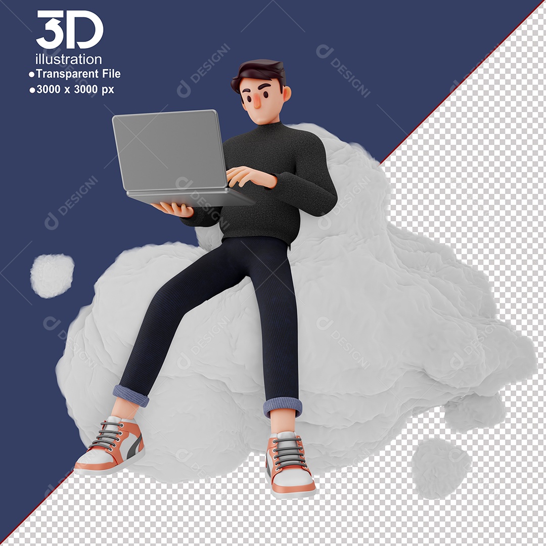 Personagem Sentado Mexendo em Notebook Elemento 3D para Composição PSD