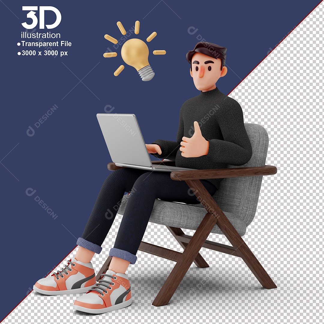 Personagem Sentado Mexendo em Notebook Elemento 3D para Composição PSD