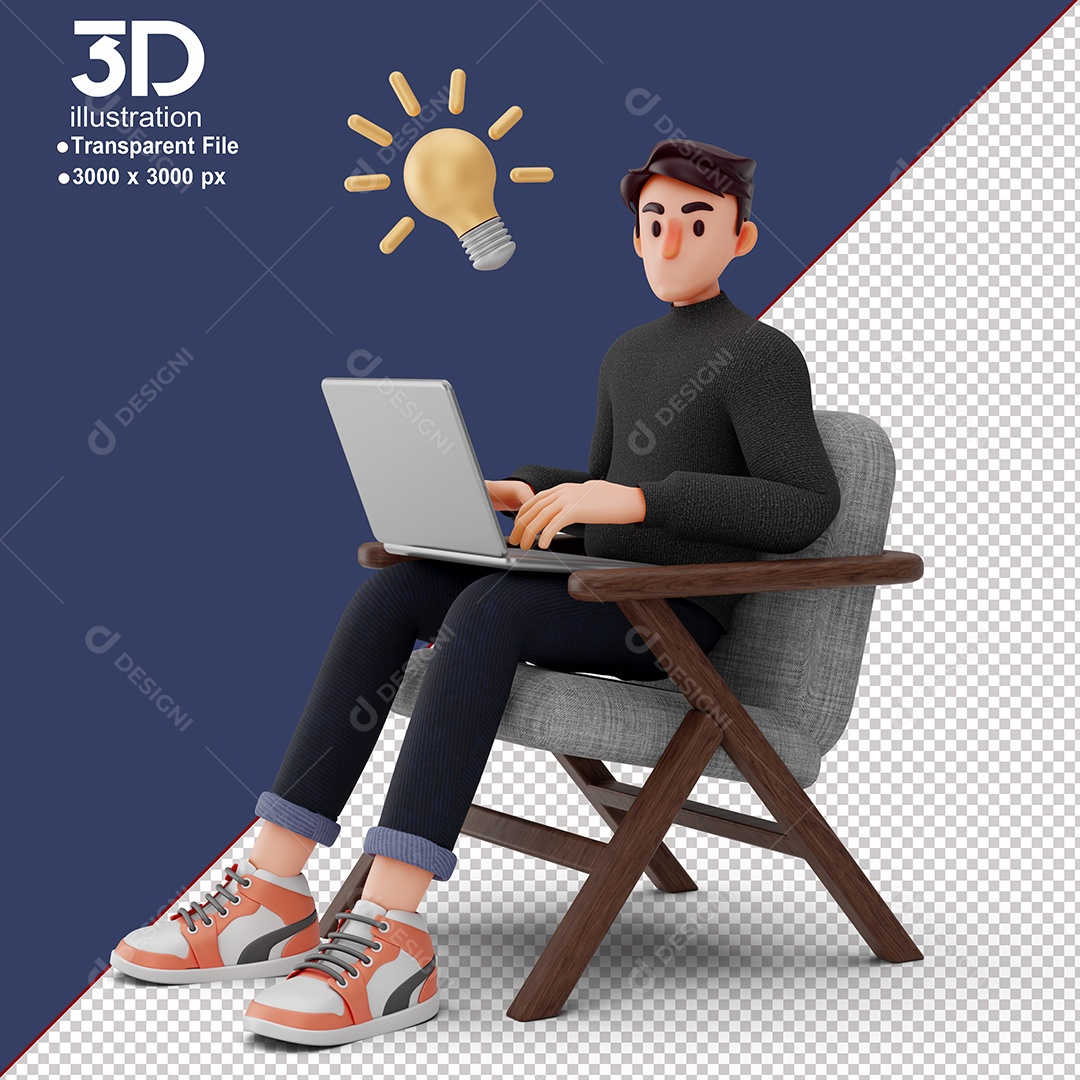 Personagem Sentado Mexendo em Notebook Elemento 3D para Composição PSD