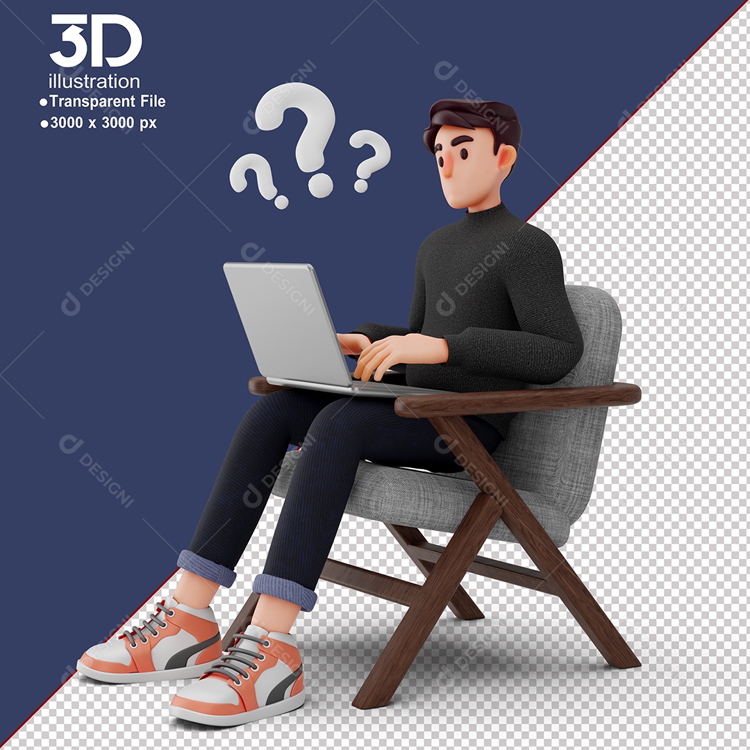 Personagem Sentado Mexendo em Notebook com Pontos de Interrogação Elemento 3D para Composição PSD