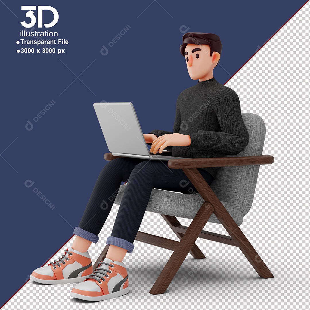 Personagem Sentado Mexendo em Notebook Elemento 3D para Composição PSD