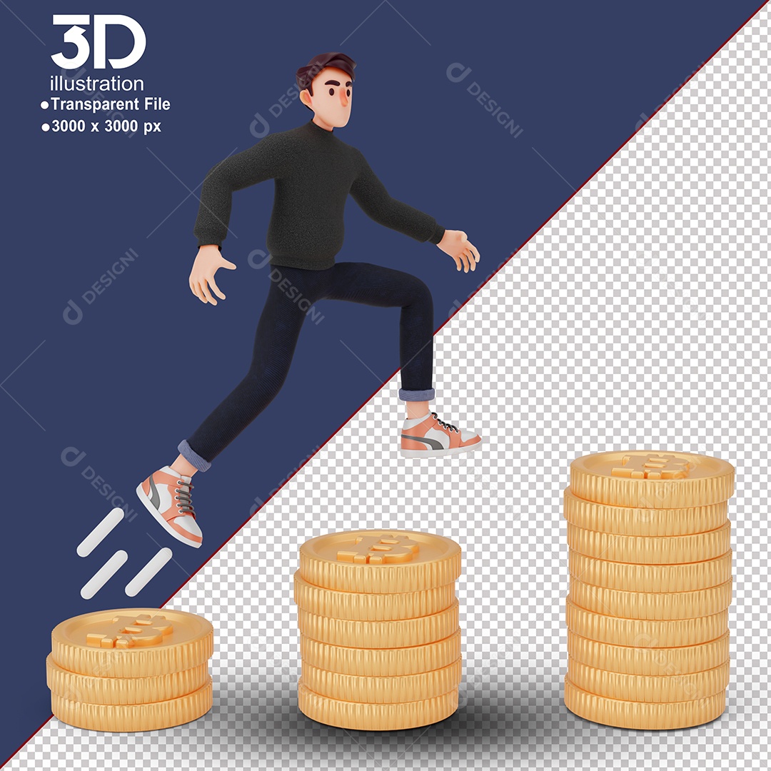 Personagem Pulando Sobre Moedas Elemento 3D para Composição PSD