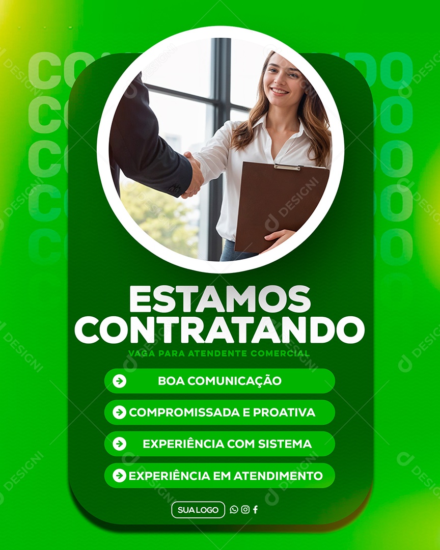Estamos Contratando Vaga para Atendente Comercial Verde Social Media PSD Editável
